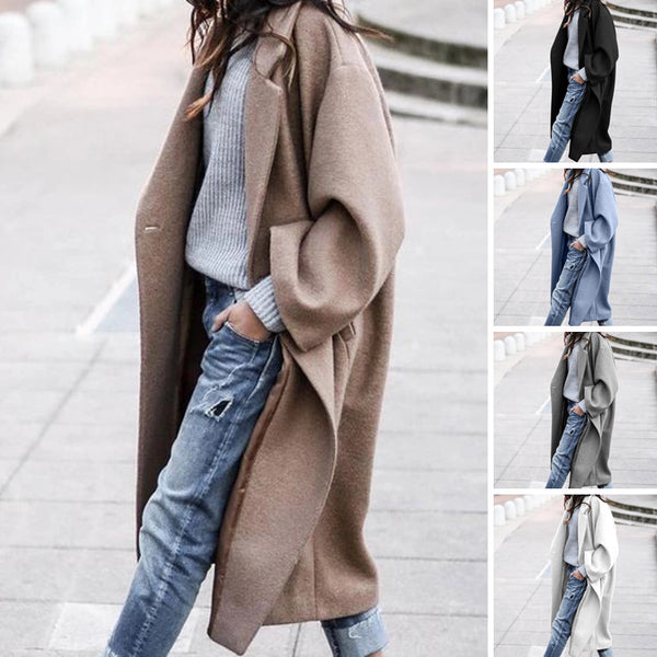Women's Casual Long Jacket Lapel Woolen Coat