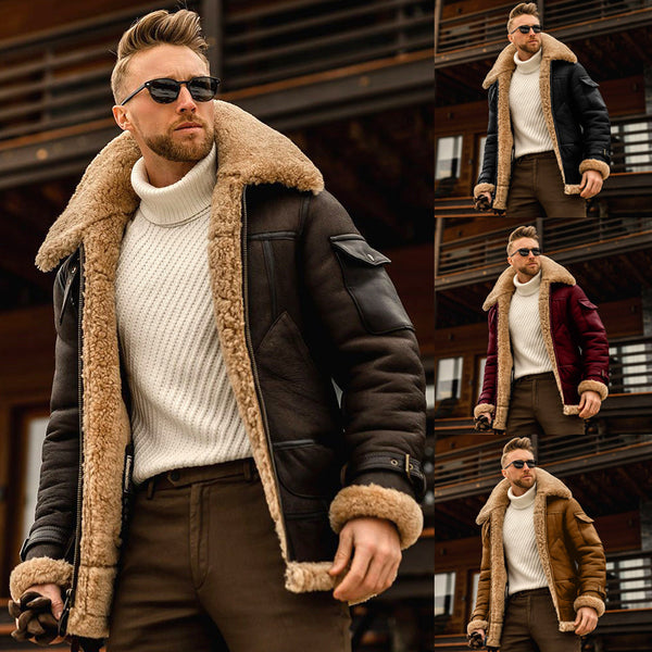 Winter Jacket Mens Fleece Warm Fur Collar Coats